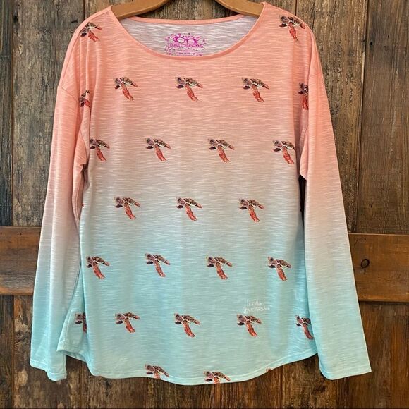 Leoma Lovegrove Sz M Orange Green Swimming Turtle Design Long Sleeve T-Shirt - Picture 3 of 10